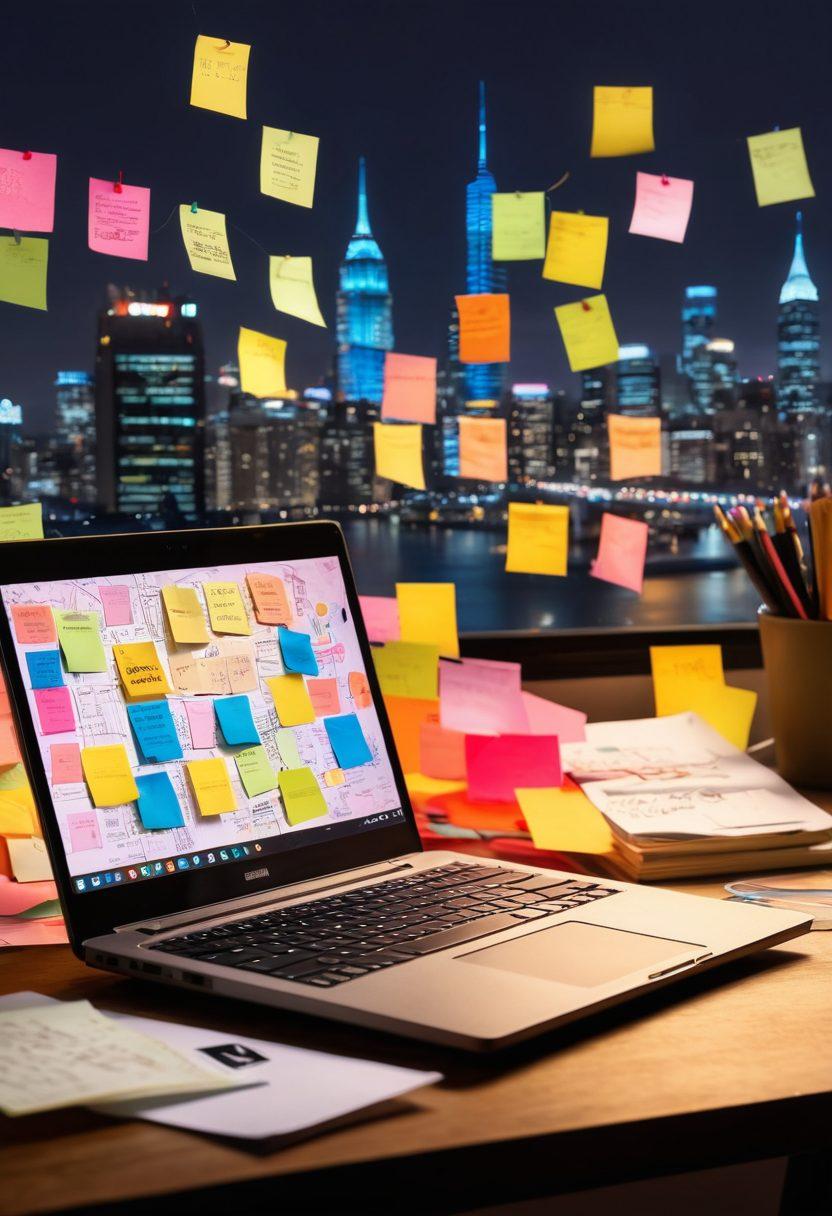 An open laptop surrounded by colorful sticky notes and sketches representing various blog topics and ideas, with vibrant light illuminating a passionate writer at work. Include a subtle backdrop of a city skyline to symbolize connection and ambition. The scene is lively and engaging, reflecting creativity and inspiration. super-realistic. vibrant colors. warm lighting.