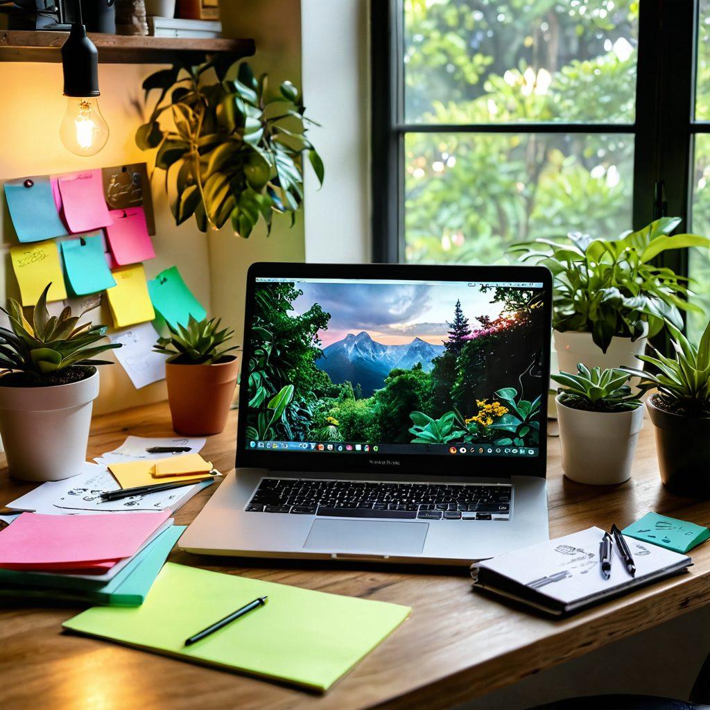 A cozy workspace scene featuring a laptop open on a desk with colorful sticky notes and sketches around it, a steaming cup of coffee, lush green plants in the background, and a glowing lightbulb symbolizing creativity overhead. This captures the essence of personal blogging and content creation journey. vibrant colors. super-realistic.
