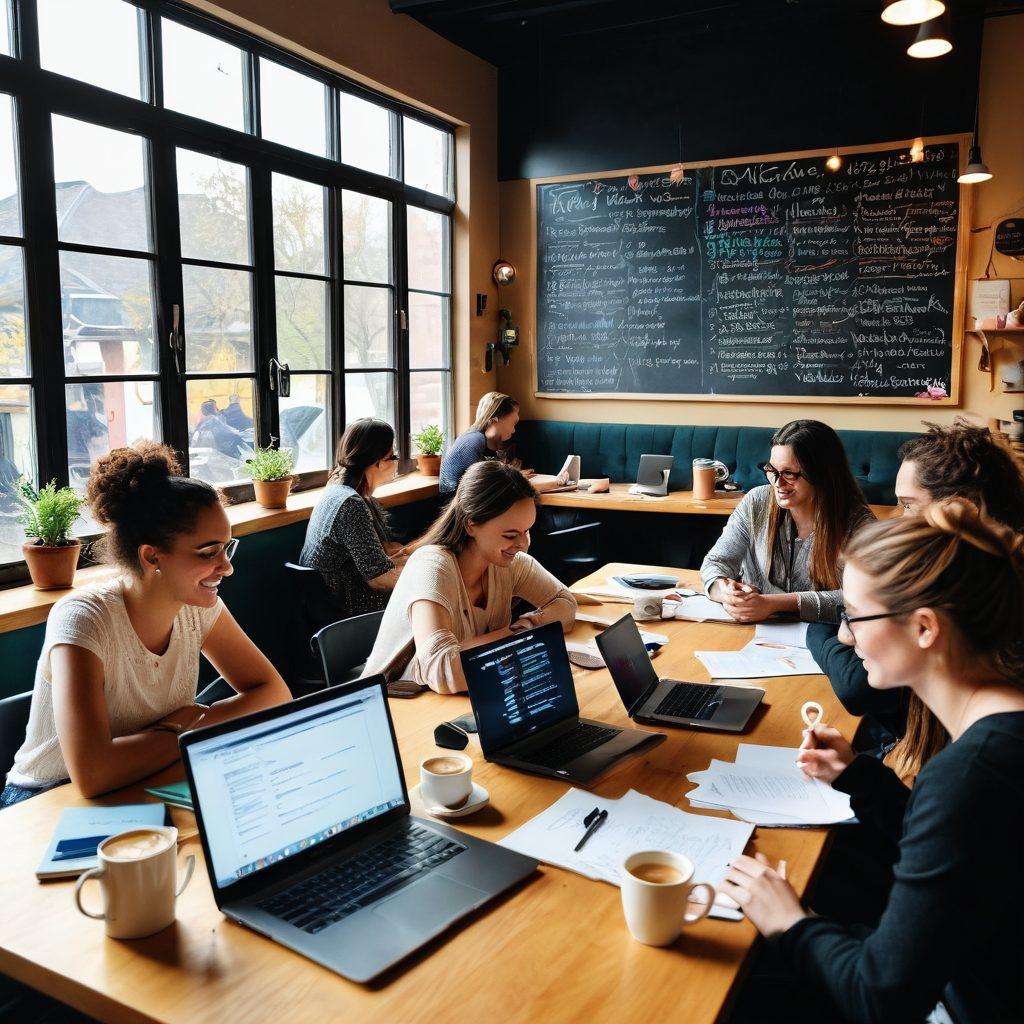 A vibrant community of diverse bloggers collaborating in a cozy café setting, surrounded by laptops, notebooks, and coffee cups. There's a large chalkboard displaying tips on blogging success, with colorful pins and illustrations connecting ideas. Bright sunlight streams through the window, illuminating the joyful expressions of the bloggers sharing their experiences. super-realistic. vibrant colors. warm atmosphere.
